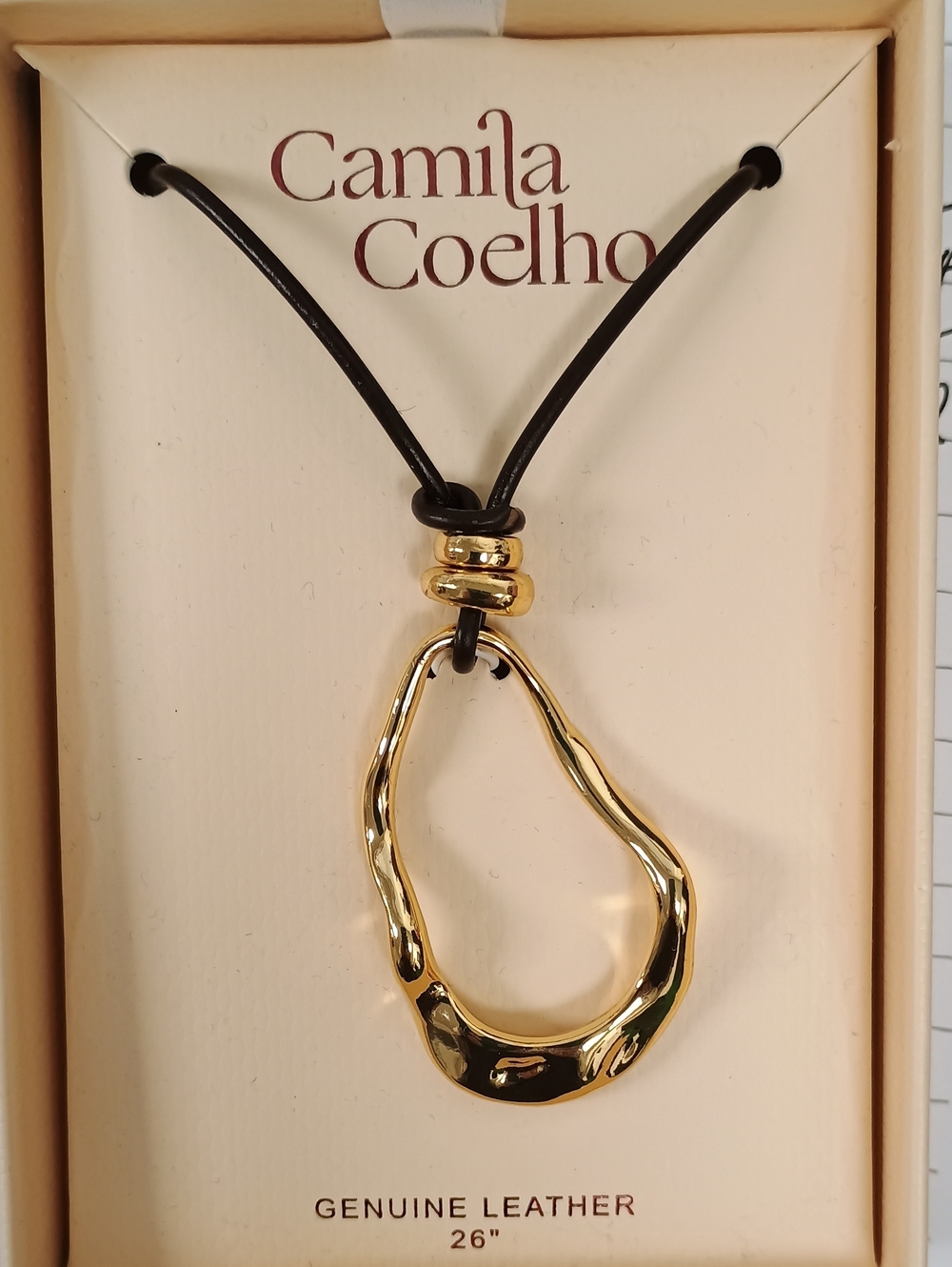 NWT Camila Coelho Gold Sculptural Organic Open Loop Leather Cord Necklace Boxed
